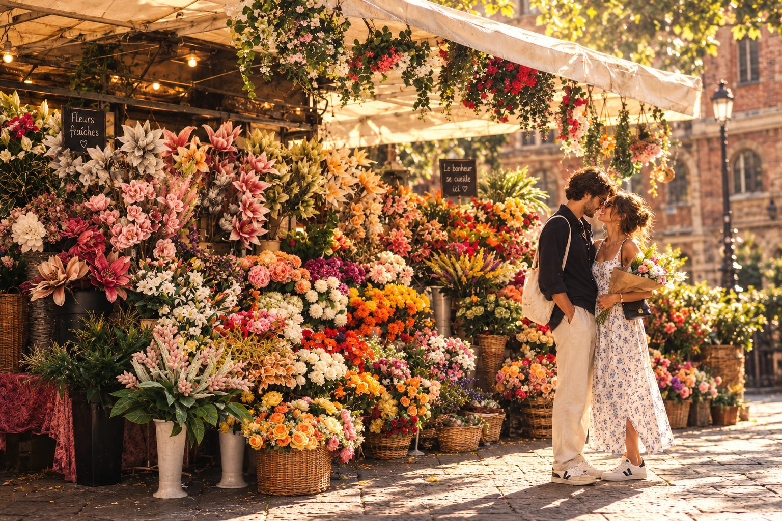 Un couple devant un étal de fleurs en plein soleil